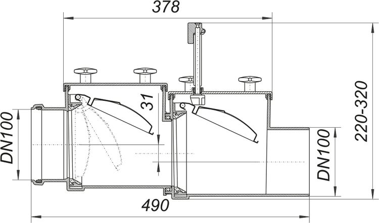 Technische Zeichnung eines Doppelrückstauverschlusses Nennweite 100 mit Maßangaben in Millimeter. Länge 490, Breite 378 und Höhe 220 bis 320.