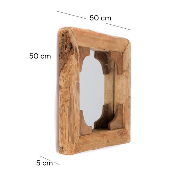Quadratischer Wandspiegel aus Massivholz im rustikalen Stil, Abmessungen 50 mal 50 mal 5 Zentimeter.
