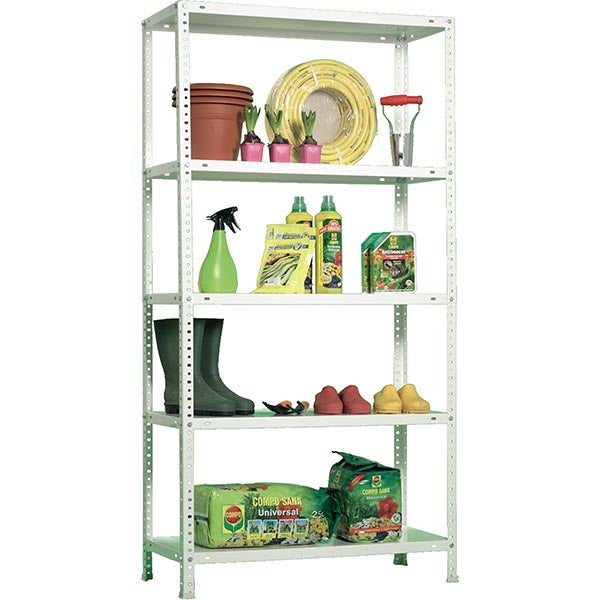 Metallregal mit fünf Fachböden, bestückt mit Gartenutensilien wie Blumentöpfen, Gartenschlauch, Dünger, Gummistiefeln und Blumenerde.