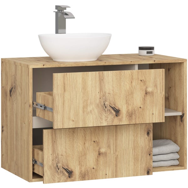 Waschtischunterschrank mit Waschbecken, Armatur, Schubladen und Handtüchern