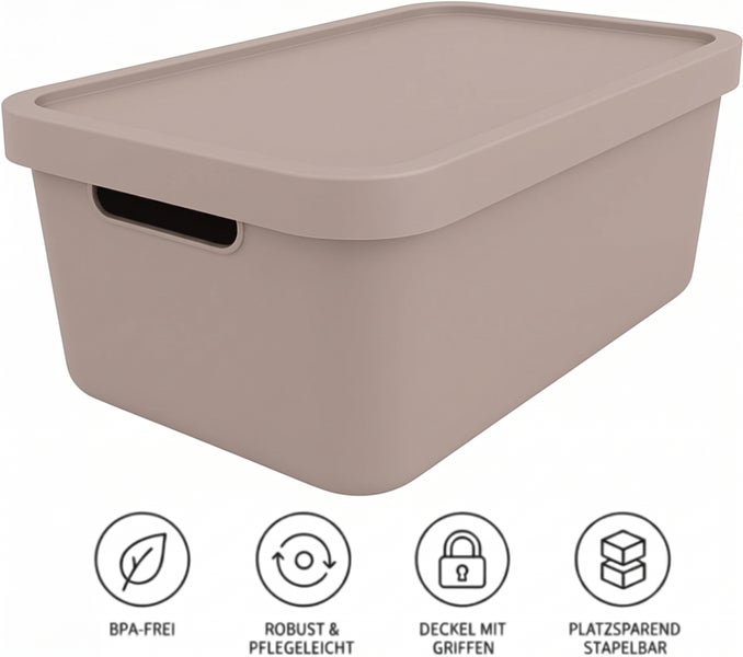 Kunststoff Aufbewahrungsbox mit Deckel und Tragegriffen, stapelbar, BPA frei, robust und pflegeleicht.