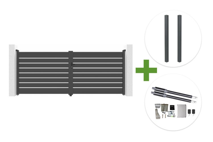 Zweiflügeliges Einfahrtstor aus Aluminium mit horizontalen Streben, inklusive zwei Pfosten und elektrischem Drehtorantrieb mit Montageset.