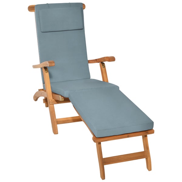 Deckchair aus Holz mit blauer Polsterauflage und Kopfkissen.