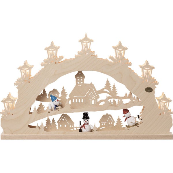 Beleuchteter Schwibbogen aus Holz mit Schneemann Motiven und Kirche für die weihnachtliche Fensterdekoration