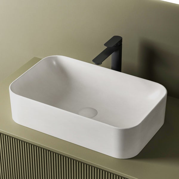 EMKE Aufsatzwaschbecken 605x380 mm, Mattweiß, Eckig, Keramik Waschtisch, Handwaschbecken für Bad & Gäste-WC, Höhe 150 mm