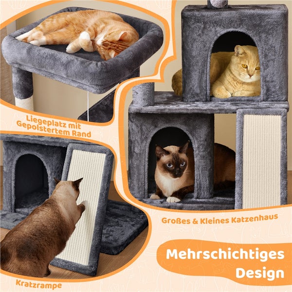 Katzenkratzbaum mit Liegeflächen, Kratzrampe und Katzenhäusern