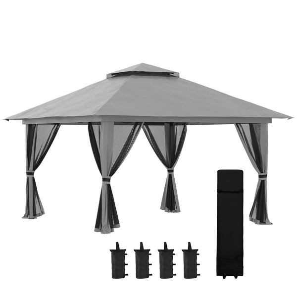Outsunny Faltpavillon 4 x 4 m, Pavillon mit 4 Moskitonetz, Höhenverstellbares Pop-Up-Zelt UV-Schutz 50+, Partyzelt mit Doppeldach, Tragetasche, für Balkon, Campingplatz, Oxford-Polyester Dunkelgrau
