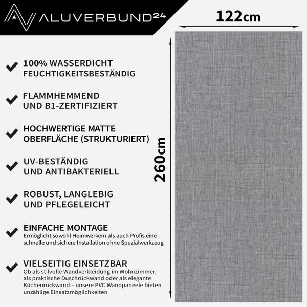PVC Wandpaneel mit strukturierter Oberfläche in den Maßen 122 mal 260 Zentimeter inklusive Produktmerkmale von Aluverbund 24
