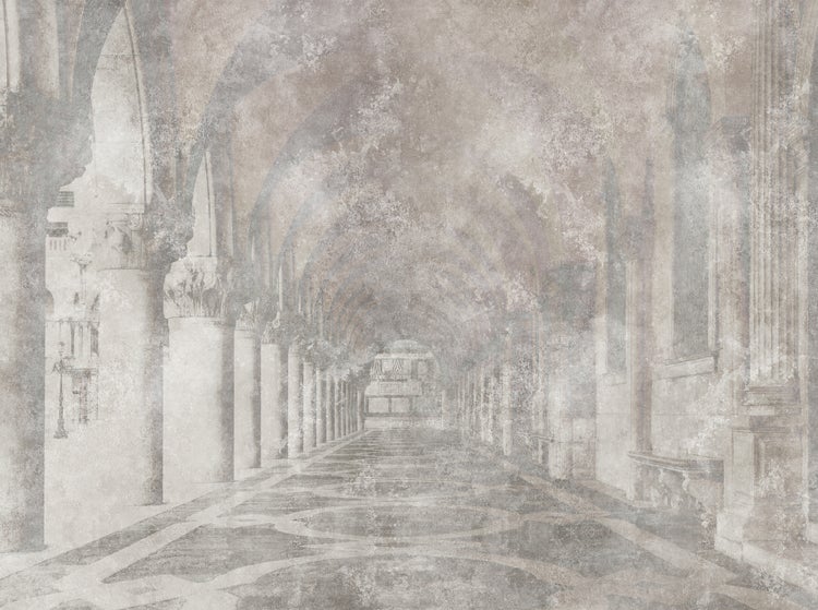 Fototapete mit historischem Säulengang in Steinoptik, Vliestapete mit Architekturmotiv und perspektivischer Tiefe.