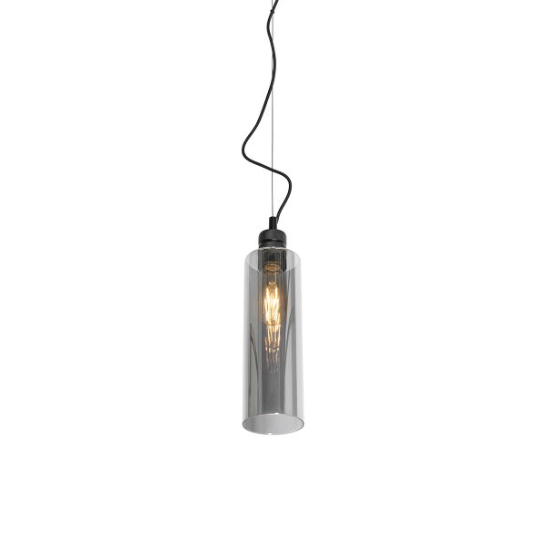 Pendelleuchte mit zylindrischem Glasschirm in Rauchglasoptik, schwarze Fassung und schwarzes Kabel, inklusive Filament-Leuchtmittel.