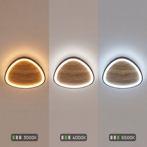Dreieckige LED-Deckenleuchte in Holzoptik mit 3000 Kelvin Warmweiß, 4000 Kelvin Neutralweiß und 6500 Kelvin Tageslichtweiß.