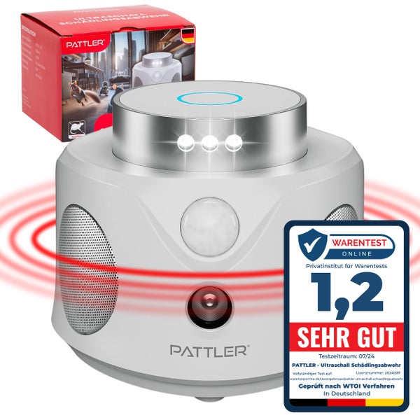 PATTLER® - 360° Ultraschall Mäuseabwehr - Effektiv Mäuse vertreiben mit Ultraschallwellen - optimiert für die Abwehr von Mäusen und Ratten