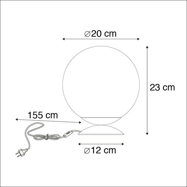 Technische Zeichnung einer Tischleuchte mit den Maßen 20 cm Durchmesser Lampenschirm, 23 cm Höhe und 12 cm Durchmesser Fuß
