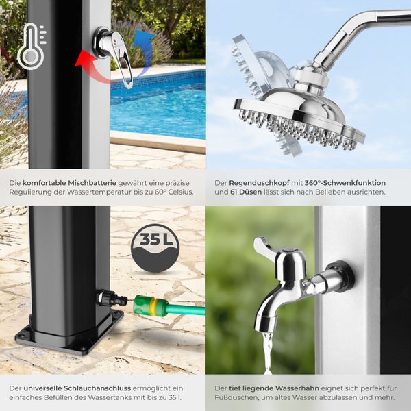 Solardusche mit Mischbatterie bis 60 Grad Celsius, schwenkbarem Regenduschkopf, 35 Liter Wassertank mit Schlauchanschluss und zusätzlichem Wasserhahn.
