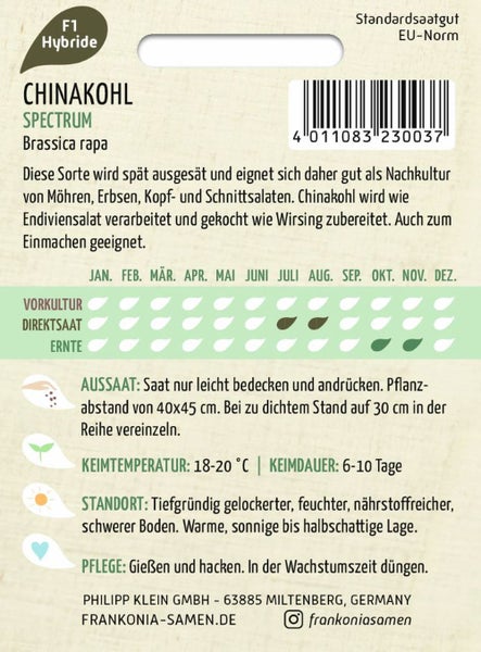 Chinakohl Spectrum Saatgutpackung mit Informationen zu Anbau und Ernte