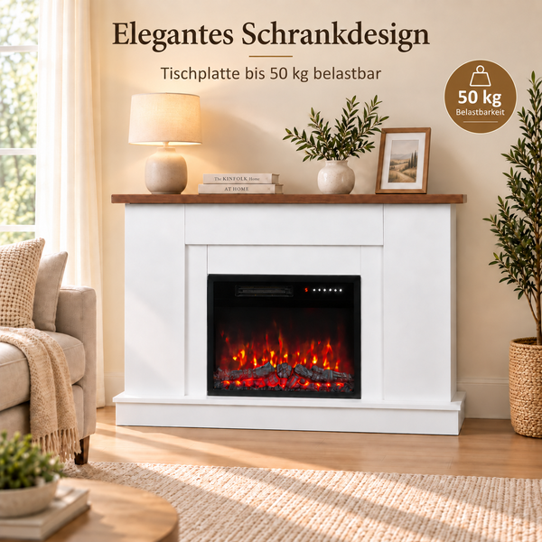 Elektrischer Kamin mit weißem Gehäuse und brauner Ablagefläche in einem Wohnzimmer mit einer maximalen Belastbarkeit von 50 Kilogramm.