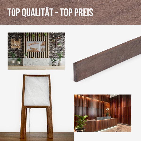 Holzleiste aus Massivholz für den Innenausbau mit Anwendungsbeispielen als Wandverkleidung in Wohnräumen und an einem Empfangstresen.