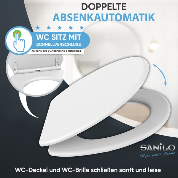 Sanilo WC-Sitz mit doppelter Absenkautomatik und Schnellverschluss. Der Deckel und die Brille schließen sanft und leise. Sanilo Logo.