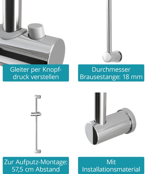 Calmwaters® Brausestange in Chrom, 60 cm Länge, mit Gleiter, 18 mm, Kleben oder Bohren, aus Metall, Wandstange mit Befestigungsmaterial, 22AG6205