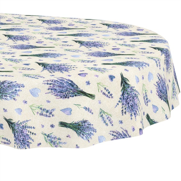 Tischdecke mit Lavendel-Motiv und Herzen, Leinen-Optik.