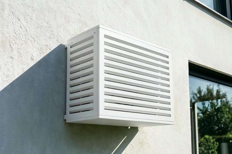 Wärmepumpenverkleidung an einer Hauswand montiert