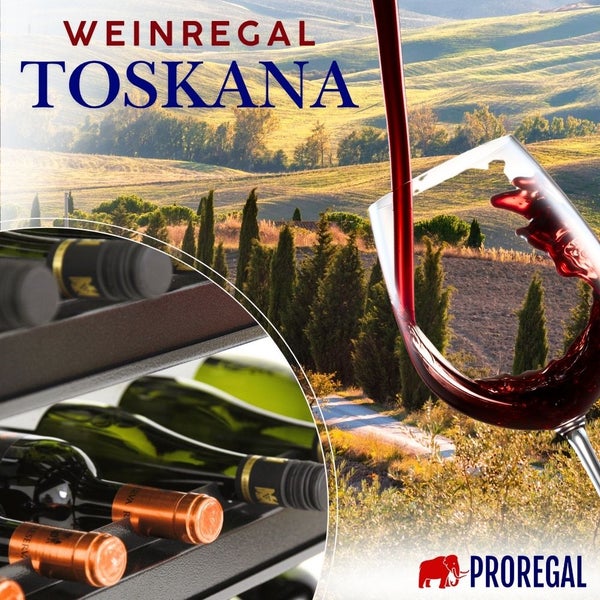 Weinregal Toscana von Proregal mit Weinflaschen vor einer toskanischen Landschaft und einem Weinglas. Proregal Logo.