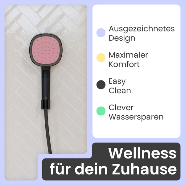 Handbrause mit Schlauch vor gefliester Wand mit Hinweisen zu Design, Komfort, einfacher Reinigung, Wassersparen und Wellness für das Zuhause.