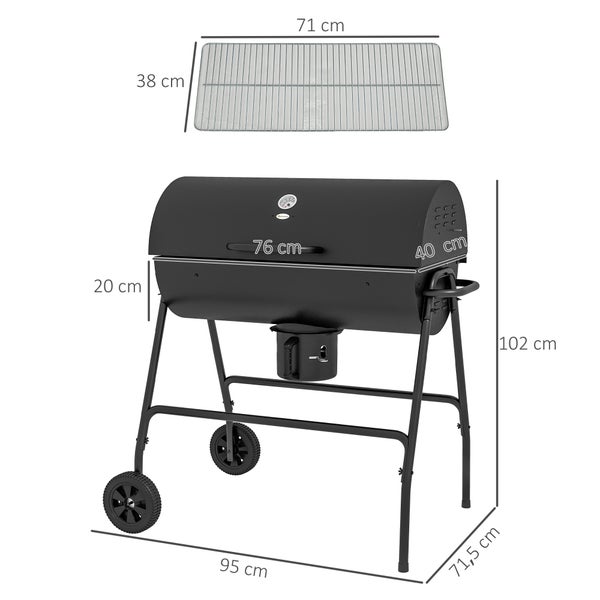Outsunny Holzkohlegrill aus Metall BBQ Smoker mit Deckel Thermometer Räder verstellbarer Kohlewanne Griff, fahrbar Grillwagen Holzkohle Grill, Kohlegrill für Barbeque Camping, Terrasse, 95x71,5x102 cm