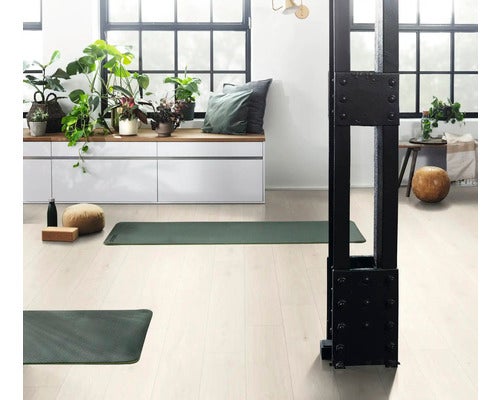 Heller Raum mit schwarzen Fenstern, Pflanzen, weißen Schränken und dunkler Trennwand