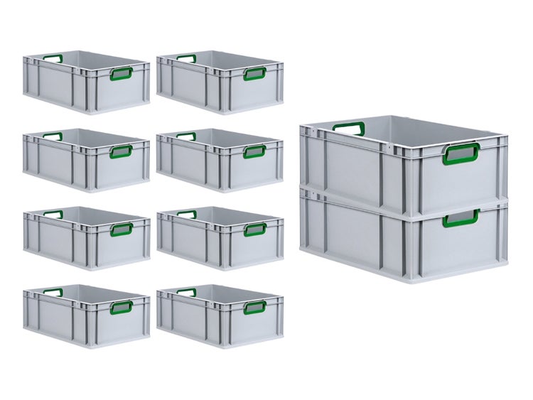 PROREGAL Spar Set 10x Eurobox Nextgen Color HxBxT 22 x 40 x 60 cm 44 Liter Griffe Grün Offen Verstärkter Boden Eurobehälter Transportbox