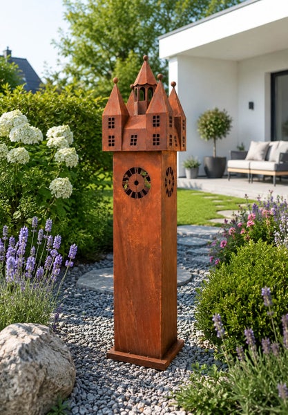 Gartendekoration aus Metall in Edelrostoptik in Form eines Uhrturms mit Schlossdach im Vorgarten vor moderner Terrasse.
