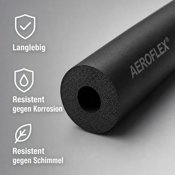 Aeroflex Rohrisolierung aus Schaumstoff mit Symbolen für Langlebigkeit, Korrosionsbeständigkeit und Schimmelresistenz.
