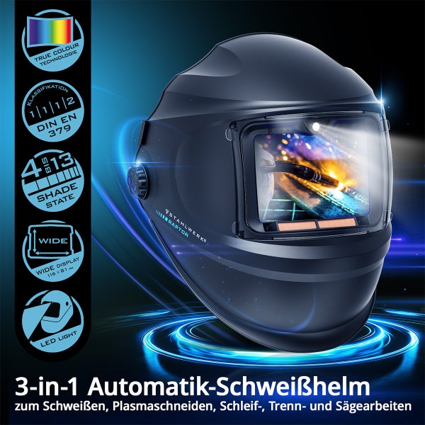 Stahlwerk Raptor 3 in 1 Automatik Schweißhelm für Schweißen und Schleifen mit True Colour Technologie und LED Licht.