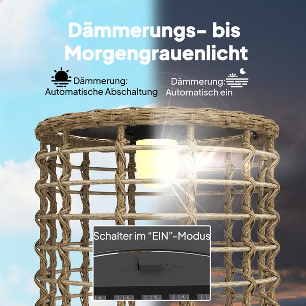 Solarleuchte in Korboptik mit Dämmerungssensor, automatische Einschaltung bei Dunkelheit und Ausschaltung bei Helligkeit, inklusive Ein-Aus-Schalter.
