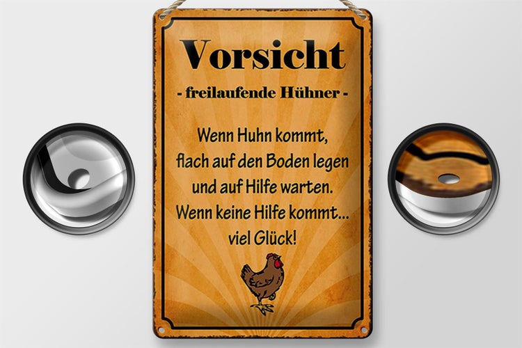 Blechschild Spruch 20x30cm Vorsicht freilaufende Hühner