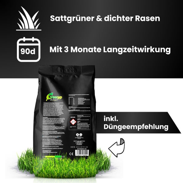 Greenyp Langzeit Rasendünger I 10kg für 300m² I mit Langzeitwirkung für Frühjahr bis Spätsommer I verhindert Moosbildung I NPK Dünger Rasen Dünger