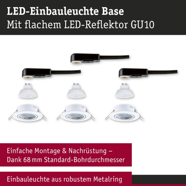 Drei LED-Einbauleuchten Base mit flachem LED-Reflektor GU10, Anschlussgehäuse und Metallring für 68 Millimeter Bohrdurchmesser.