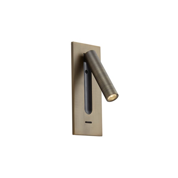 LED-Wandleseleuchte aus Metall in Bronze mit verstellbarem zylinderförmigem Lampenkopf und rechteckiger Wandplatte.