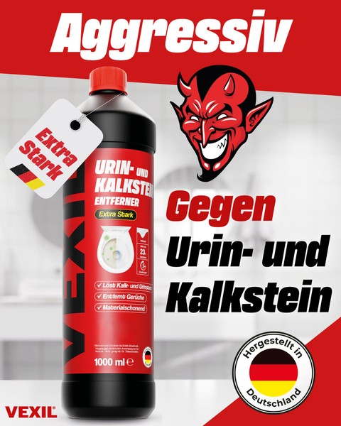 VEXIL Urin- und Kalksteinentferner, 1000 ml Flasche, extra starker Sanitärreiniger gegen Urinstein und Kalk.