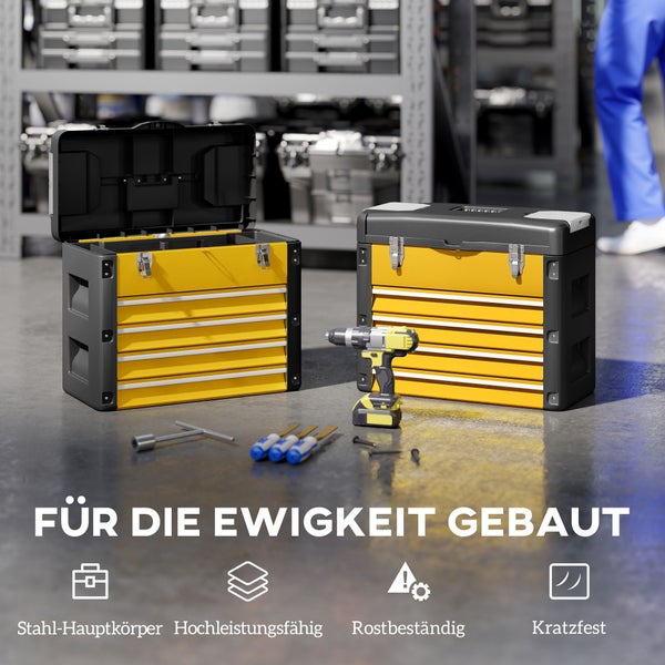 Gelb-schwarze Werkzeugkästen aus Stahl mit Schubladen, Akkuschrauber und Werkzeuge. Symbole für Stahl-Hauptkörper, Hochleistungsfähig, Rostbeständig und Kratzfest.