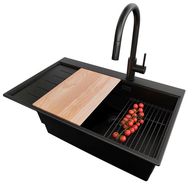 Spüle mit Abtropffläche, Schneidebrett, Abtropfgitter und Armatur