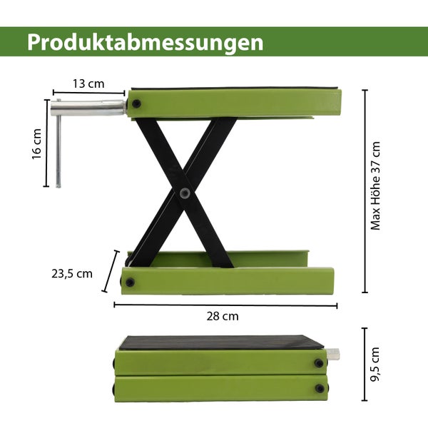 Maßzeichnung eines Labor-Scherenhubtisches mit Angaben zu Höhe, Breite und Länge in Zentimetern.