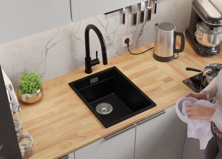 PRIMAGRAN Spülbecken Alles Schwarz 36x47cm, Granitspüle 1 Becken + Ablauf-Set + Aufrollbare Abtropffläche, Küchenspüle ab 40er Unterschrank - Praga Slim