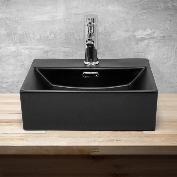 ML-Design Waschbecken aus Keramik Schwarz 415x365x130 mm Eckige Aufsatzwaschbecken, Moderne Waschtisch, Waschschale mit Überlauf und Abflussloch, Waschplatz Handwaschbecken, für Badezimmer/Gäste-WC