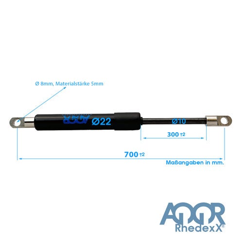 AQOR RhedexX Gasdruckfeder: Gesamtlänge 700 Millimeter, Hub 300 Millimeter, Zylinder 22 Millimeter. AQOR RhedexX Logo.