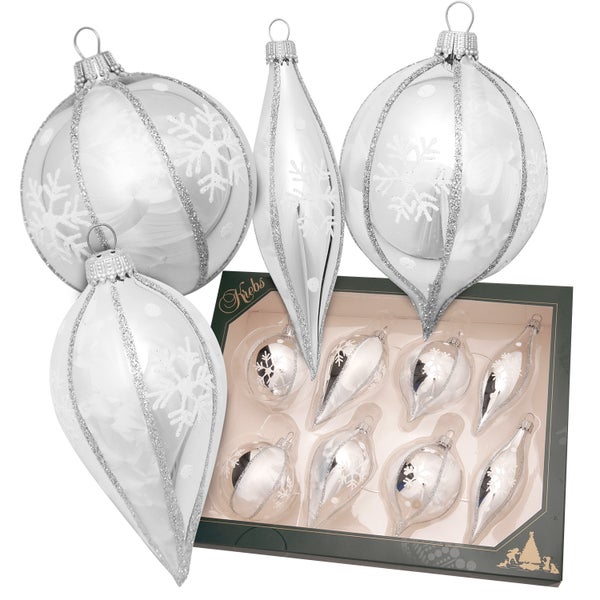 Weihnachtsbaumschmuck Set mit Schneeflockenmuster in Kugel- und Tropfenform