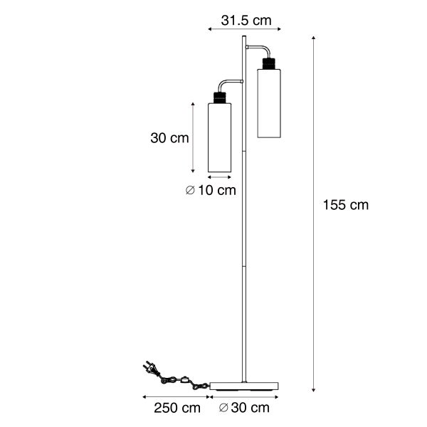 Technische Zeichnung einer Stehlampe mit den Maßen 155 cm Höhe, 31,5 cm Breite, Lampenschirmdurchmesser 10 cm, Lampenschirmhöhe 30 cm, Kabellänge 250 cm und Basisdurchmesser 30 cm.
