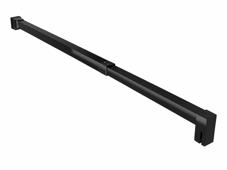 Teleskop-Stabilisationsstange für Duschwände, quadratisches Profil, schwarz matt, mit Wand- und Glashalterung.