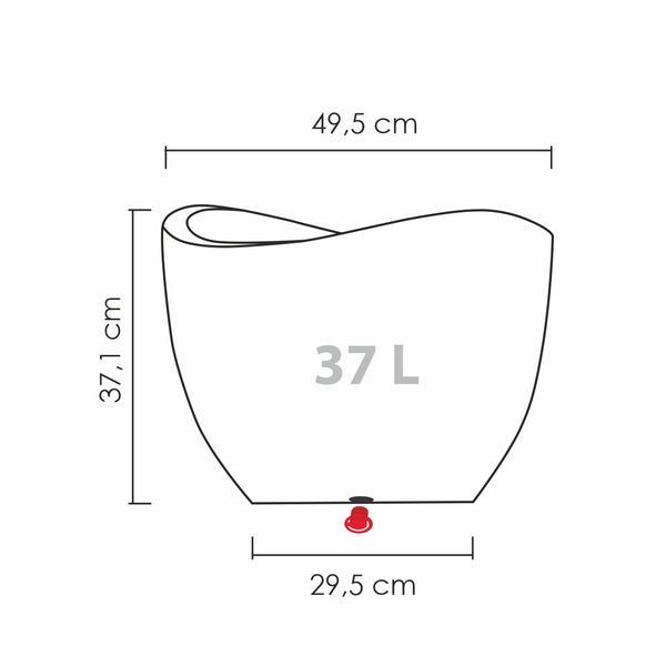 Maßzeichnung eines Pflanzgefäßes mit 37 Liter Volumen, Breite 49,5 Zentimeter, Höhe 37,1 Zentimeter und Bodenbreite 29,5 Zentimeter.