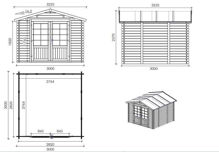 Holzgartenhaus mit Doppeltür und Fenstern